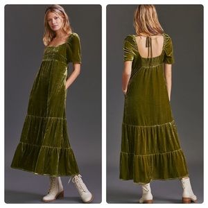 Anthropologie Olive Green Velvet Maxi Dress